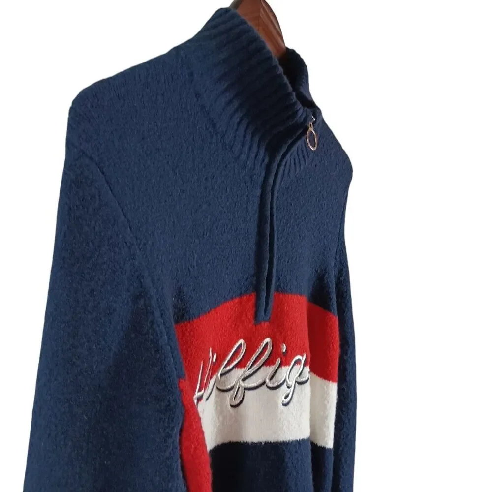 Tommy Hilfiger M Preppy Y2K Sweater Blue 1/4 Zip Long Sleeve Wool Blend Script
